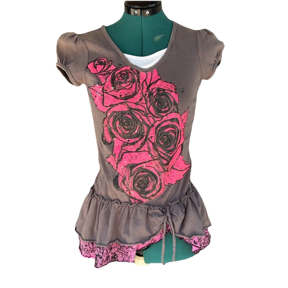 Y2K Top Emo Punk Roses Graphic Black Goth Lace Grunge Asymmetrical Size XS